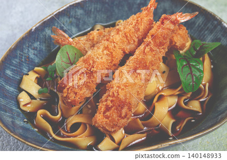 Udon noodles with shrimp in tempura, Japanese cuisine, homemade, no people, Udon noodles with shrimp in tempura, Japanese cuisine, homemade, no people, 140148933