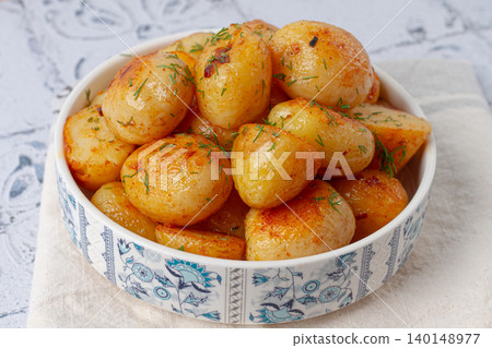 Baked new potatoes, with butter and dill, on a white plate, at home, no people, Baked new potatoes, with butter and dill, on a white plate, at home, no people, 140148977