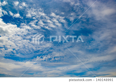 Beautiful Blue Sky with Fluffy White Clouds on a Sunny Day Perfect for Nature Backgrounds Weather Forecast Layouts and Atmospheric Concept Designs. 140148991