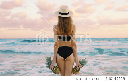 Summer vacation, relaxed beautiful happy woman enjoying landscape with fruits on sea beach Summer vacation, relaxed beautiful happy woman enjoying landscape with fruits on sea beach 140149329