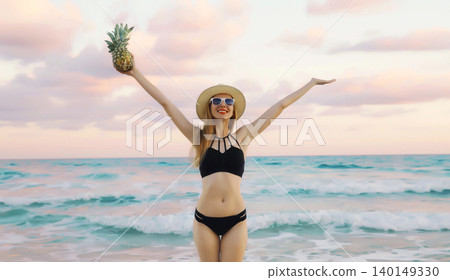 Summer vacation, beautiful happy woman in swimsuit enjoying sunset landscape on the beach on sea Summer vacation, beautiful happy woman in swimsuit enjoying sunset landscape on the beach on sea 140149330