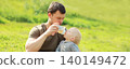 Father feeds baby from bottle sitting on grass in sunny summer park 140149472
