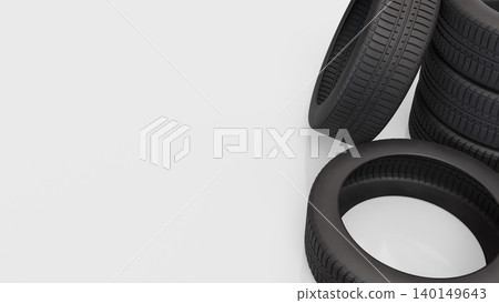 Stacked Black Car Tires For Automotive Service 3d render. Stacked Black Car Tires For Automotive Service 3d render. 140149643