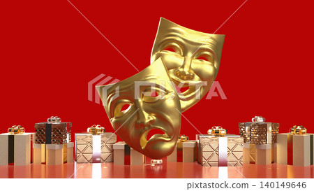 Golden Theater Masks with Festive Gifts 3d render. 140149646