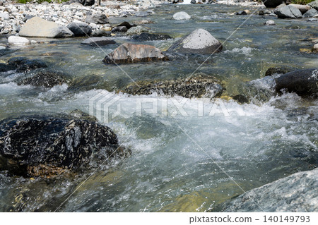 The flow of the river and its crystal-clear waters in Hakuba Village, Nagano Prefecture. The flow of the river and its crystal-clear waters in Hakuba Village, Nagano Prefecture. 140149793