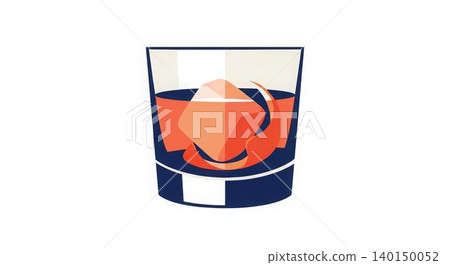 Cocktail - Old Fashioned Whiskey Cocktail with Large Ice Cube and Orange Peel in Dark Navy Rocks Glass Flat Design Illustration 140150052