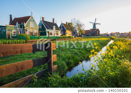 Beautiful traditional Dutch village landscape with historic houses, windmill, canal and spring flowers illuminated by warm golden hour sunlight in the Netherlands countryside. Beautiful traditional Dutch village landscape with historic houses, windmill, canal and spring flowers illuminated by warm golden hour sunlight in the Netherlands countryside. 140150101