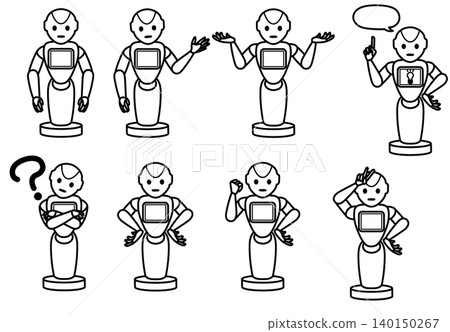 插畫素材:一組姿勢和表情各異的可愛機器人角色。 插畫素材:一組姿勢和表情各異的可愛機器人角色。 140150267
