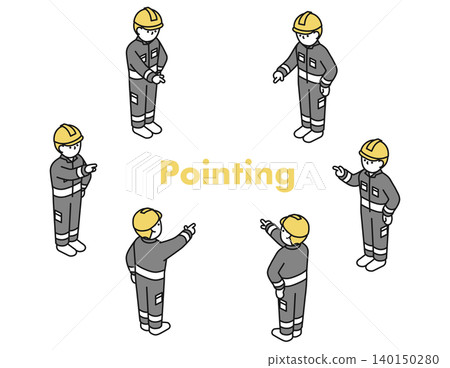等距插圖:一名戴著安全帽的工人指向各個方向。 等距插圖:一名戴著安全帽的工人指向各個方向。 140150280