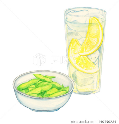 手繪水彩插圖，描繪了檸檬酸豆和毛豆。 140150284