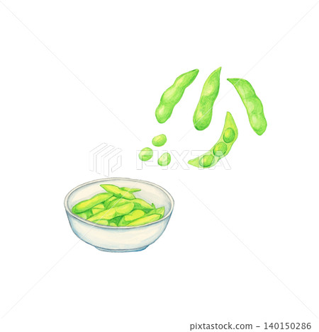 一組手繪水彩插圖，描繪了一小碟毛豆，包括豆莢和豆子。 140150286