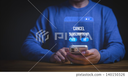 Man using smartphone to cancel subscription on digital app interface. Unsubscribe from online service membership or payment plan. Mobile technology concept for business. 140150326