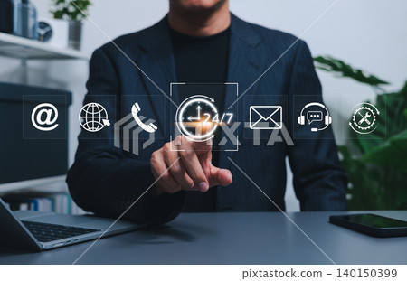 24/7 customer support and omnichannel service concept. business person touching clock with email, phone, website, chat headset icons. always available help desk communication, assistant hotline, 24/7 customer support and omnichannel service concept. business person touching clock with email, phone, website, chat headset icons. always available help desk communication, assistant hotline, 140150399
