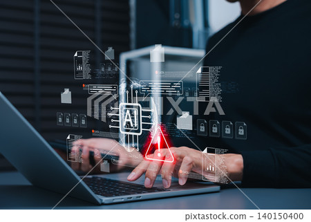 AI cybersecurity risk alert and secure data protection concept. businessman using laptop security interface, locked files, threat detection, automation, privacy controls, and digital threat monitoring AI cybersecurity risk alert and secure data protection concept. businessman using laptop security interface, locked files, threat detection, automation, privacy controls, and digital threat monitoring 140150400