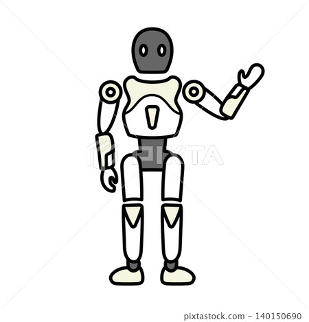 Illustration: Illustration of a bipedal robot guiding with one hand extended diagonally upwards. Illustration: Illustration of a bipedal robot guiding with one hand extended diagonally upwards. 140150690