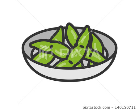 An illustration of edamame (green soybeans) in a dish (line drawing, color). 140150711