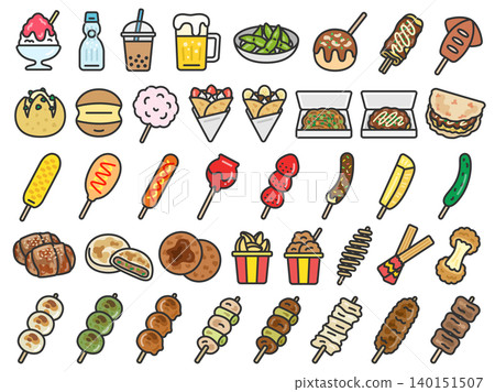 Set of 40 illustrations of street food icons (line art, color) 140151507