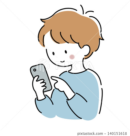 男孩看著他的智慧型手機的向量插圖 男孩看著他的智慧型手機的向量插圖 140151618