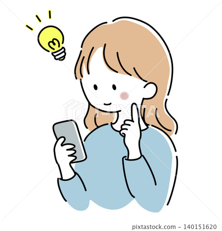 一位女士看著智慧型手機後突然有了主意，這是一幅向量插圖。 140151620