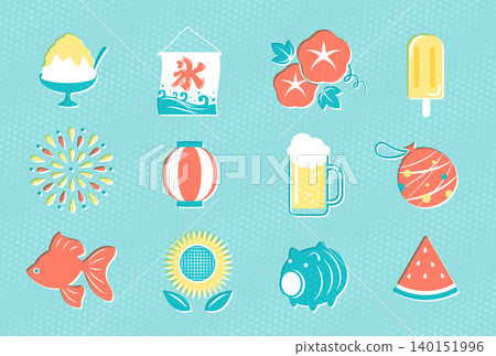 A set of illustrations depicting retro Japanese summer scenes. 140151996