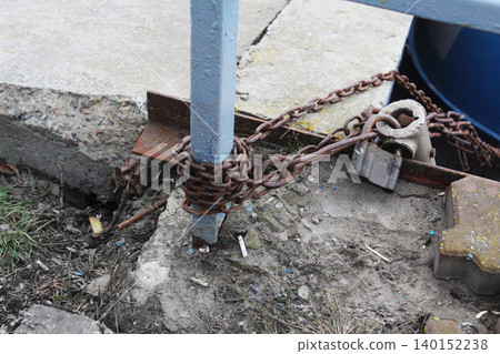 Anti-theft boat tied with a chain to a pipe Anti-theft boat tied with a chain to a pipe 140152238