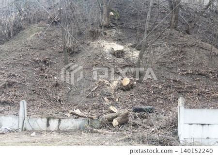 cutting down trees on the hillside. Destruction of the environment cutting down trees on the hillside. Destruction of the environment 140152240