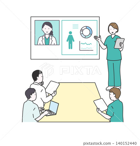 An illustration depicting healthcare workers conducting online meetings and conferences using monitor data. An illustration depicting healthcare workers conducting online meetings and conferences using monitor data. 140152440