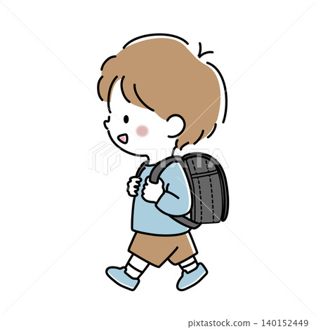 一年級男孩背著黑色書包的向量插圖。 一年級男孩背著黑色書包的向量插圖。 140152449