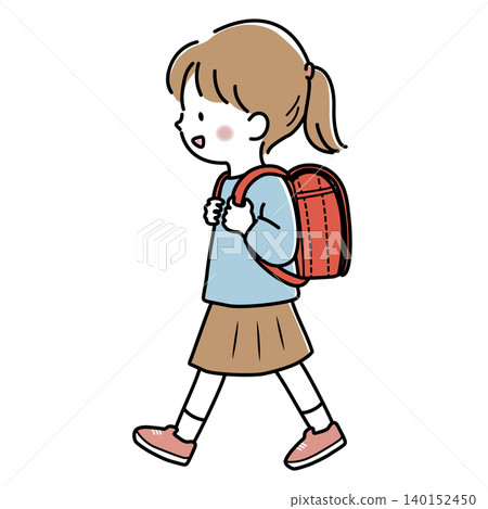 一位背著紅色書包的小學生女孩的向量插圖。 一位背著紅色書包的小學生女孩的向量插圖。 140152450