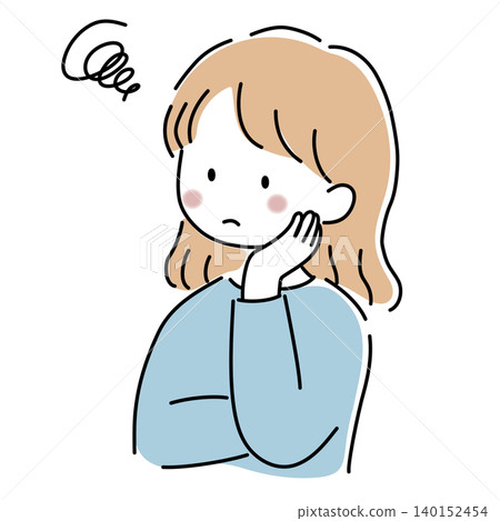 Vector illustration of a woman with her hand on her cheek, looking troubled. Vector illustration of a woman with her hand on her cheek, looking troubled. 140152454