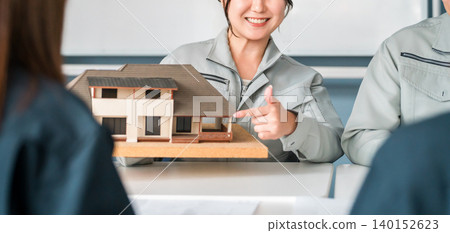 Women in construction and building industry work clothes use residential models for business negotiations, explanations, and presentations. 140152623