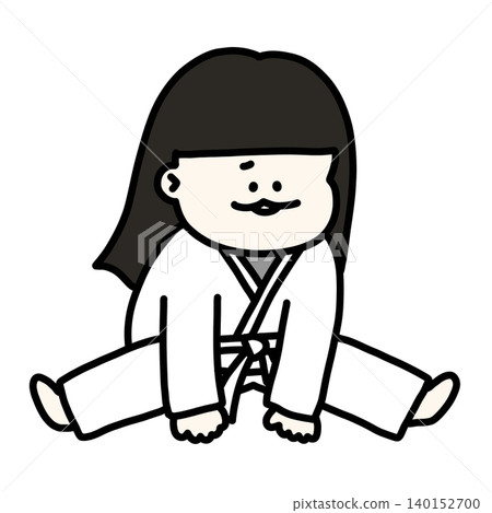 A stiff girl struggling with leg-splitting stretches, wearing a martial arts uniform and white belt, with a transparent background. A stiff girl struggling with leg-splitting stretches, wearing a martial arts uniform and white belt, with a transparent background. 140152700