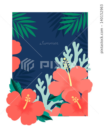 Summer Artwork with Hibiscus Flowers and Coral Decoration Tropical Botanical Summer Artwork with Hibiscus Flowers and Coral Decoration Tropical Botanical 140152963
