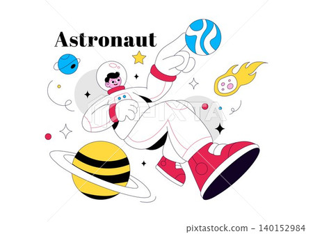 Astronaut Vector Illustration Featuring Space Exploration, Floating Cosmonaut, Planets, Rockets, Satellites, Galaxy Adventure, and Cosmic Discovery 140152984