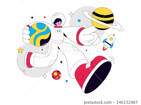 Astronaut Vector Illustration Featuring Space Exploration, Floating Cosmonaut, Planets, Rockets, Satellites, Galaxy Adventure, and Cosmic Discovery Astronaut Vector Illustration Featuring Space Exploration, Floating Cosmonaut, Planets, Rockets, Satellites, Galaxy Adventure, and Cosmic Discovery 140152987
