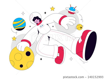 Astronaut Vector Illustration Featuring Space Exploration, Floating Cosmonaut, Planets, Rockets, Satellites, Galaxy Adventure, and Cosmic Discovery Astronaut Vector Illustration Featuring Space Exploration, Floating Cosmonaut, Planets, Rockets, Satellites, Galaxy Adventure, and Cosmic Discovery 140152993