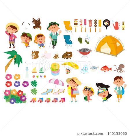 A set of illustrations of families enjoying their summer vacation (for cutting out). A set of illustrations of families enjoying their summer vacation (for cutting out). 140153060