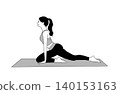 An illustration of a woman stretching (pigeon pose) on a yoga mat. 140153163