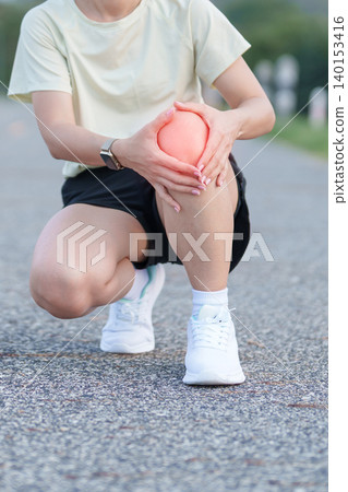 Young adult female runner with knee pain from ACL injury or patellofemoral syndrome. woman having joint ache, ligament tear or patellar tendinitis during running. Sports medical and healthcare concept 140153416
