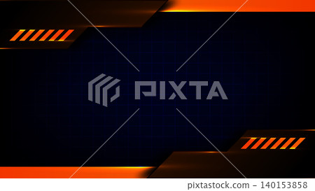Futuristic technology dark blue grid background with glowing orange and metallic frame for gaming banner 140153858