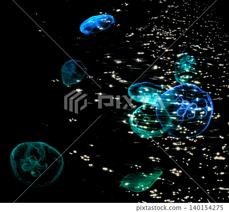 Beautiful in-camera multiple exposure photograph of jellyfish floating in seawater 140154275