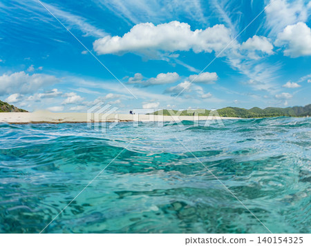 A half-submerged photograph of the beautiful white sand beach on the uninhabited island of Kabi Island. Kabi Island, Okinawa Prefecture, Shimajiri District, Kerama Islands, Zamami Island - 2025 A half-submerged photograph of the beautiful white sand beach on the uninhabited island of Kabi Island. Kabi Island, Okinawa Prefecture, Shimajiri District, Kerama Islands, Zamami Island - 2025 140154325