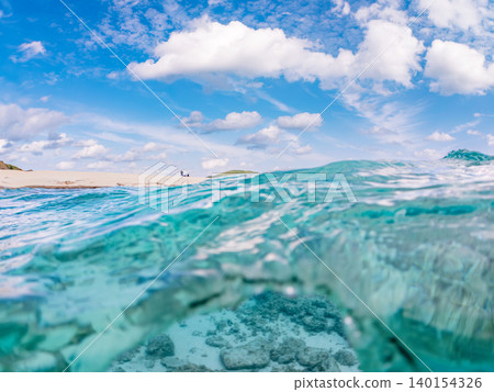 A half-submerged photograph of the beautiful white sand beach on the uninhabited island of Kabi Island. Kabi Island, Okinawa Prefecture, Shimajiri District, Kerama Islands, Zamami Island - 2025 A half-submerged photograph of the beautiful white sand beach on the uninhabited island of Kabi Island. Kabi Island, Okinawa Prefecture, Shimajiri District, Kerama Islands, Zamami Island - 2025 140154326