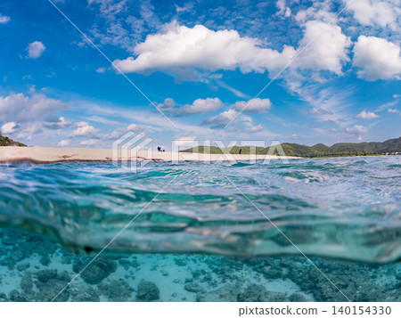 A half-submerged photograph of the beautiful white sand beach on the uninhabited island of Kabi Island. Kabi Island, Okinawa Prefecture, Shimajiri District, Kerama Islands, Zamami Island - 2025 A half-submerged photograph of the beautiful white sand beach on the uninhabited island of Kabi Island. Kabi Island, Okinawa Prefecture, Shimajiri District, Kerama Islands, Zamami Island - 2025 140154330
