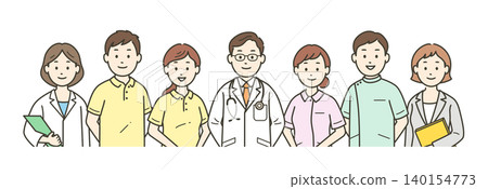 An upper body illustration of a group of doctors, nurses, caregivers, and care managers who support local social welfare 140154773