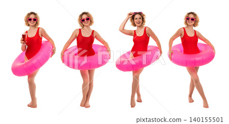 Woman poses with pink float and drink. Bright summer party concept filled with joy, PNG 140155501
