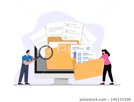 Office workers organizing data storage and data audit stock illustration. Office workers organizing data storage and data audit stock illustration. 140155596
