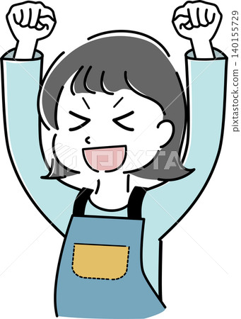Simple illustration of a woman in an apron making a triumphant gesture (housewife, housework, cheering, character image) 140155729