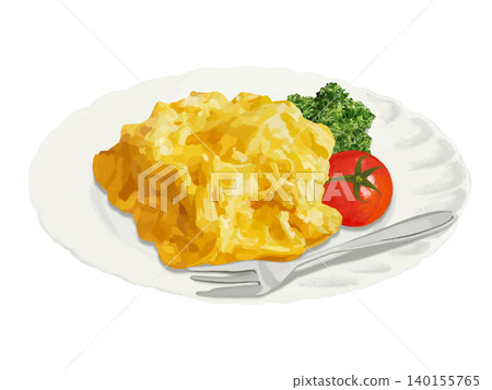 Scrambled eggs (with side dish and fork) Scrambled eggs (with side dish and fork) 140155765