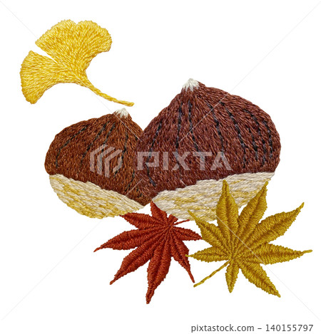 [Materials featuring chestnuts, autumn leaves, and ginkgo leaves] Hand-embroidered illustration materials 140155797